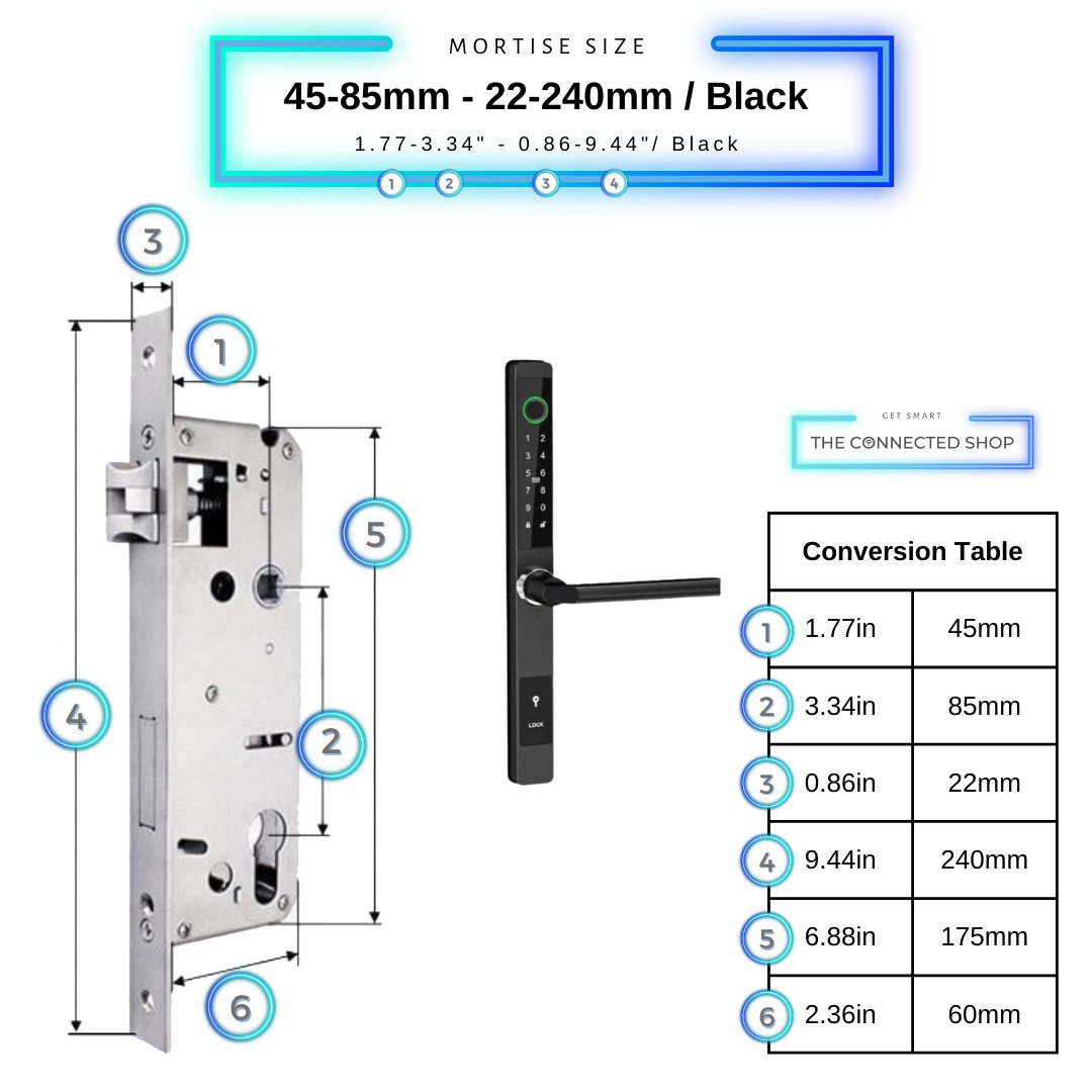 Sliding Door Smart Door Lock - 45-85mm (22x240mm) - Black - No WiFi Gateway