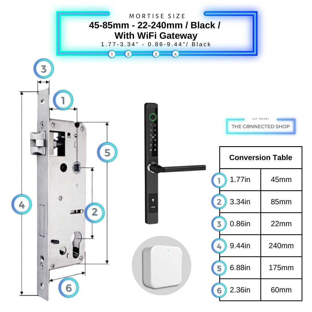 Sliding Door Smart Door Lock - 45-85mm (22x240mm) - Black - With WiFi Gateway