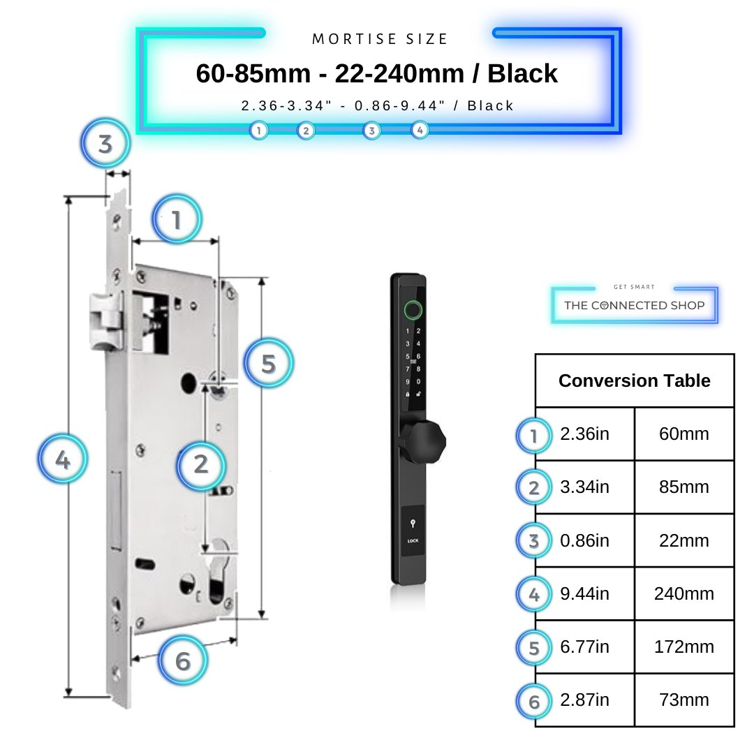 Smart Door Lock Thin - 60-85mm (22x240mm) - Black - No WiFi Gateway